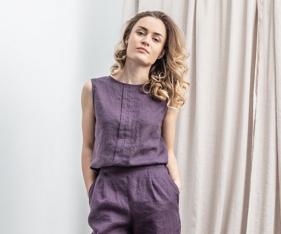 Linentop blouse GRACE in Lavender. Natural linen Sleeveless casual women shirt  Available in 47 colors