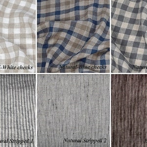 May include: A collection of linen fabrics with various patterns. Includes white and natural check, blue and natural check, gray and natural check, gray and white striped, gray and white striped, and brown striped fabrics. The text labels each fabric.