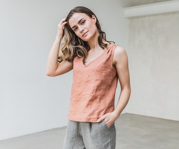 V neck linen blouse LUCKY in Peach color/ Handmade soft linen sleeveless shirt / Casual linen tank top / Decorated top shoulders/ Linen top