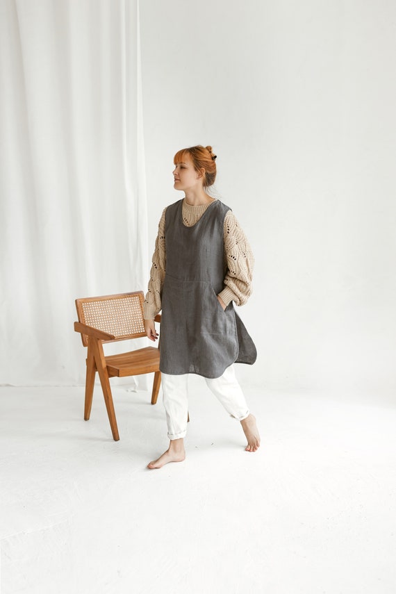 Linen apron dress. Full apron. Handmade smock. Linen pinafore. Restaurant aprons. Smock apron. Organic apron. Aprons for women. Linen apron.