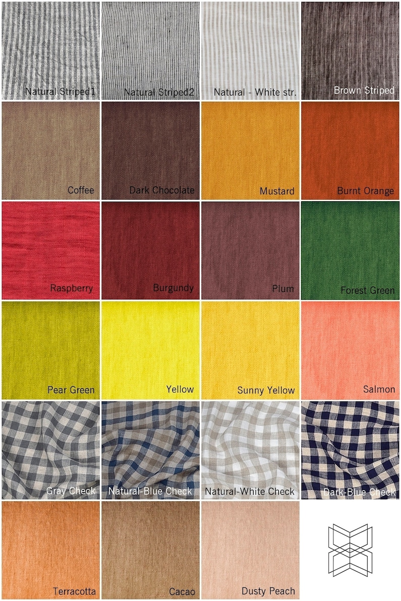 May include: A chart of 16 different fabric swatches with names for each color. The swatches are arranged in a grid of four rows and four columns. The colors include natural striped, coffee, raspberry, pear green, gray check, terracotta, dark chocolate, burgundy, plum, yellow, natural-blue check, cacao, mustard, forest green, salmon, and natural-white check.