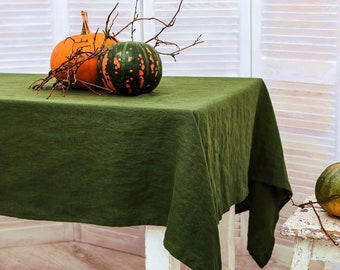 Linen tablecloth. Washed linen tablecloth. Table cloth in forest green color. Handmade table linen available in 47 colors.