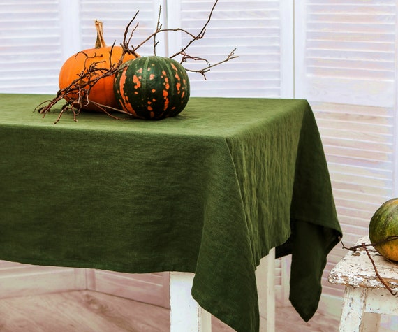 Linen tablecloth. Washed linen tablecloth. Table cloth in forest green color. Handmade table linen available in 47 colors.