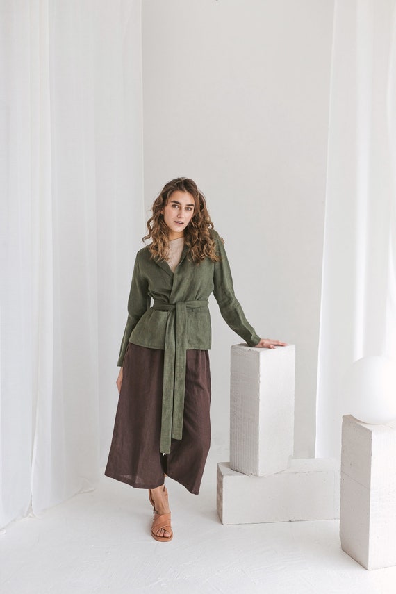 Washed Linen jacket/coat. Slimfit Womans jacket with belt. Wrap linen jacket. Linen blazer. Washed linen cardigan. Linen clothing.