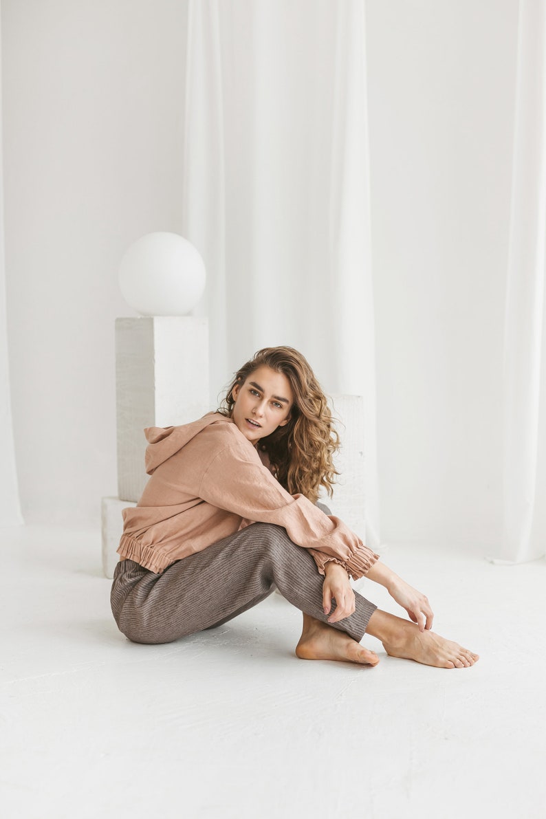 Linen hoodie for woman in Dusty peach color. Long sleeve linen top. Oversize hooded top available in 47 color. image 3