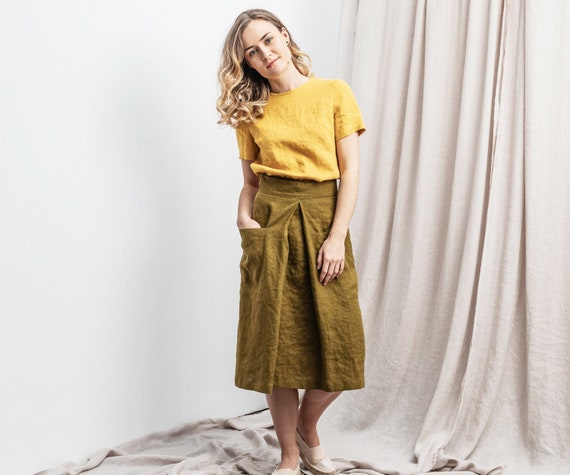 Linen skirt. Wrap skirt.  Summer skirt. Deep pockets skirt. A line skirt. Midi linen skirt.  Linen clothes. Available in 47 colors.