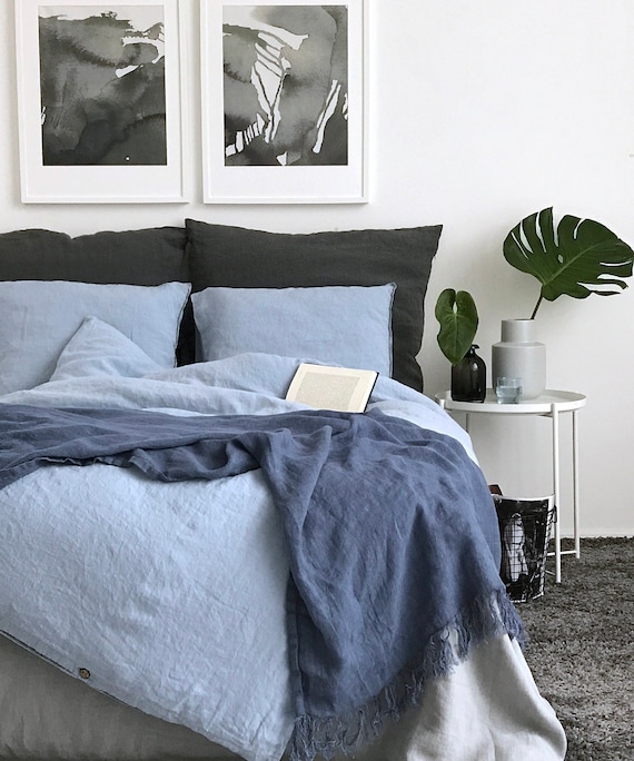 Extra wide Linen duvet cover. Sky blue color duvet. Seamless linen quilt cover.  Twin, queen, king size comforter. Linen bedding.