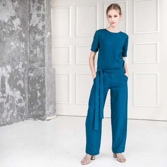 Linen jumpsuit. Woman linen overall. Wide leg pants jumpsuit. Linen summer cloth. Short sleeves linen romper. Flax jumpsuit with pockets.