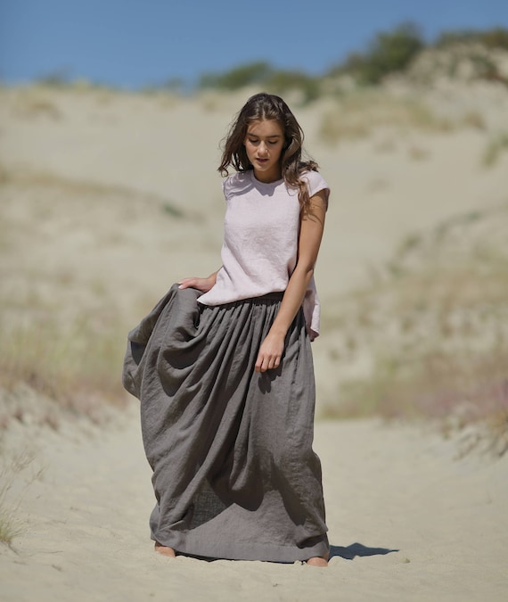 Linen skirt. Long linen skirt. Elastic waistband skirt. Skirt with pockets. Handmade skirt. Maxi skirt. Summer skirt. Flax skirt.