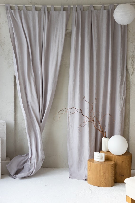 Tab top Curtains in Silver Gray color. 100% Natural Linen Curtain from medium weight fabric. Custom size Window Drape. Choose from 47colors.