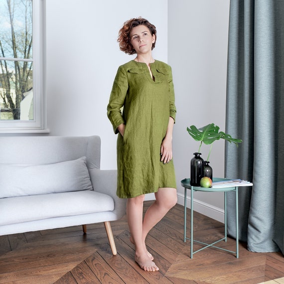 Linen dress / Casual long sleeve dress / Handmade fall linen kimono dress / Moss green linen dress / Available in 47 colors