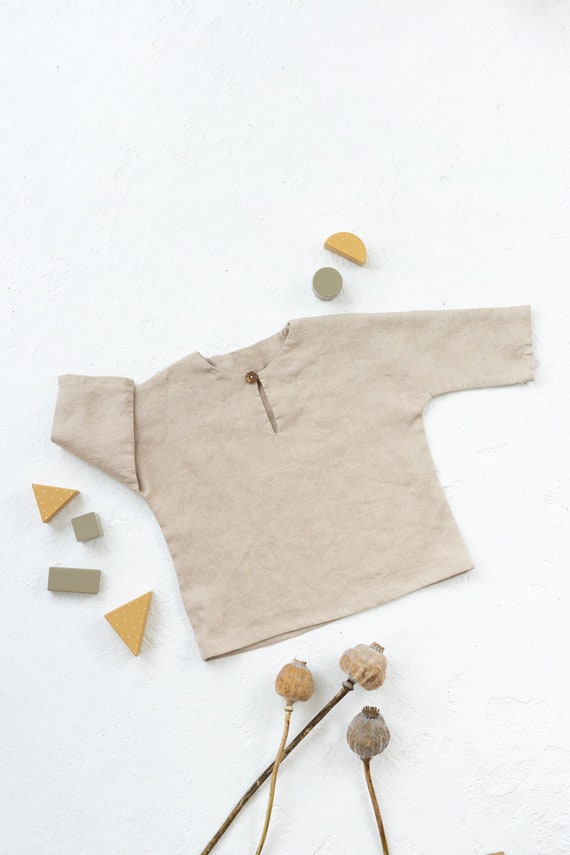 Girls linen long sleeves shirt with button in Oatmeal color.  Linen shirt  with button. Long sleeve boho  summer children top.