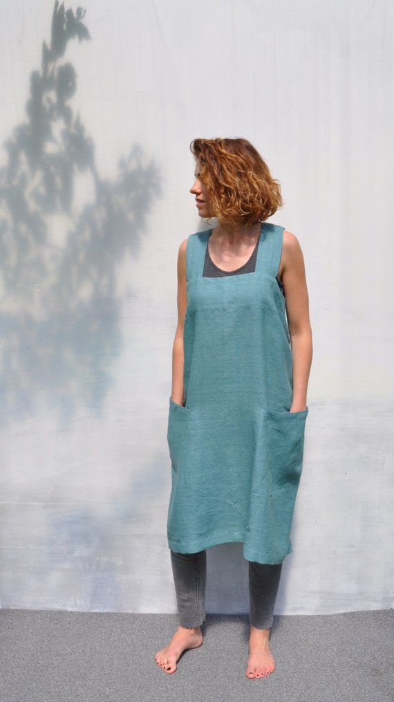 Pinafore custom sea green square cross linen japanese apron / Mens x back no ties linen full apron / Soft linen work and home dress