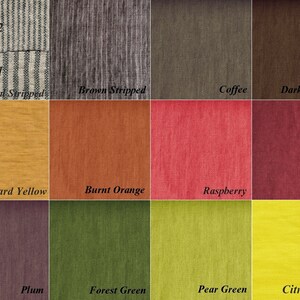 May include: A swatch card showing 12 different fabric colors and patterns. The colors include natural striped, brown striped, coffee, dark chocolate, mustard yellow, burnt orange, raspberry, burgundy, plum, forest green, pear green, and citrus yellow.