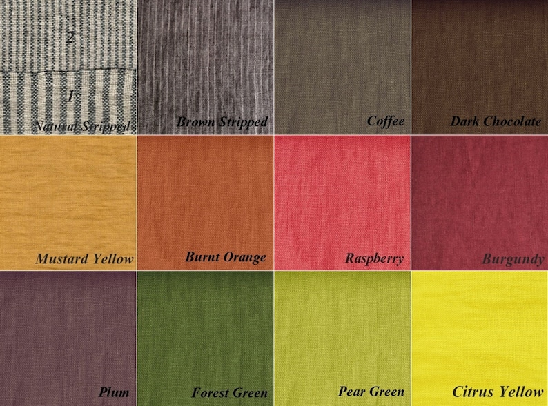 May include: A swatch card showing 12 different fabric colors and patterns. The colors include natural striped, brown striped, coffee, dark chocolate, mustard yellow, burnt orange, raspberry, burgundy, plum, forest green, pear green, and citrus yellow.