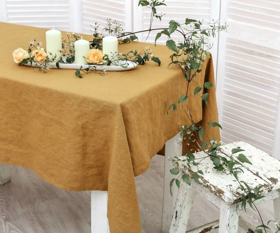 Linen tablecloth. Washed linen tablecloth. Table cloth in Mustard  color. Handmade table linen available in 47 colors.