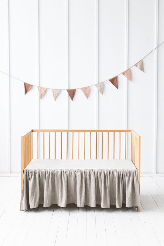 Linen ruffled crib skirt for boy or girl.Baby bed crib skirt. Crib dust ruffle. Crib skirt for nursery. Linen bedding for kids.