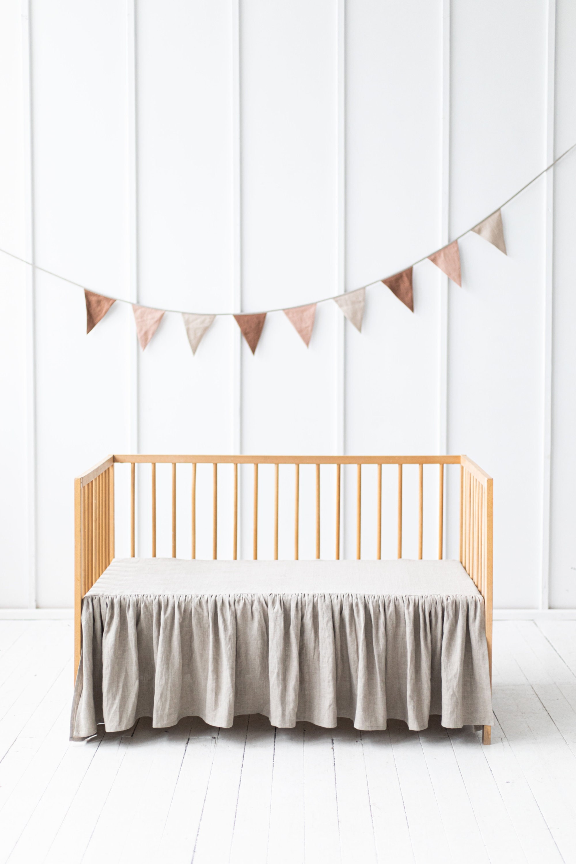 Linen ruffled crib skirt for boy or girl.Baby bed crib skirt. Crib dust ruffle. Crib skirt for nursery. Linen bedding for kids