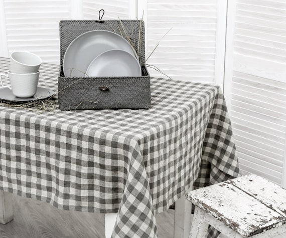 Handmade Linen tablecloth. Washed linen tablecloth. Table cloth in Natural-Gray Checks available in 47 colors.