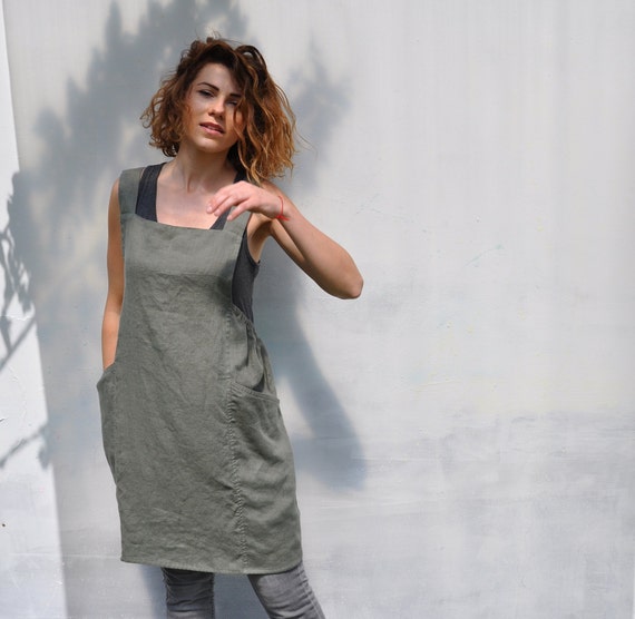 Original linen one size full apron / No ties home and work linen tunic smock with pockets / Linen japanese garden pinafore