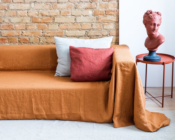 Linen Couch Blanket. Extra big Couch Cover in Terracotta. Sofa Blanket. Blanket for Gift. Softened linen blanket in 47 colors.
