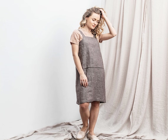 Linen pinafore dress. Daily sleeveless linen dress with front pocket. Linen sarafan dress in Brown Stripped color. Available in 47 colors.