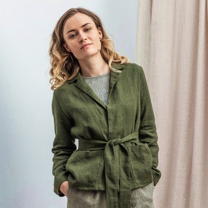 Heavy weight Linen jacket. Linen jacket with belt. Womans jacket with long sleeves. Linen cozy coat. Wrap linen jacket. Linen clothing.