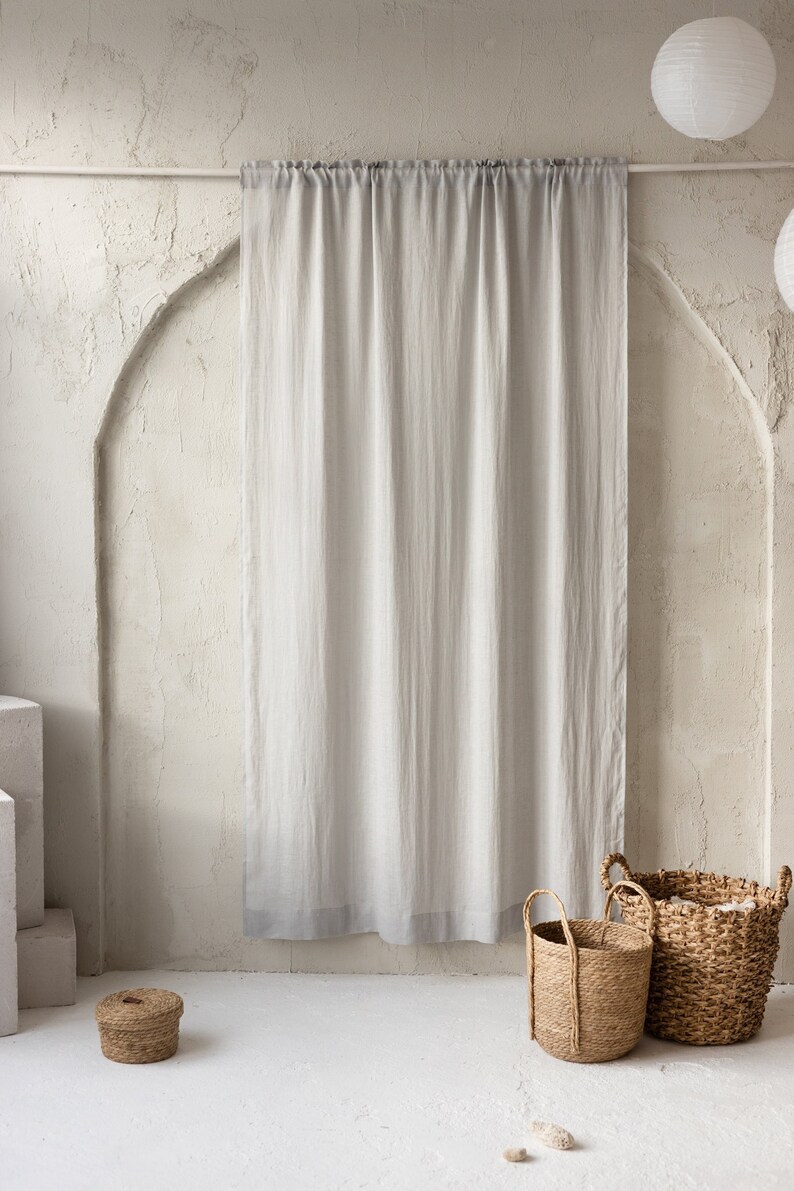 Linen Light Curtains in Silver Gray Color. Headed Rod Top Drape. Semi Sheer Curtains. Handmade Window Treatment. Medium Weight Linen Curtain image 2