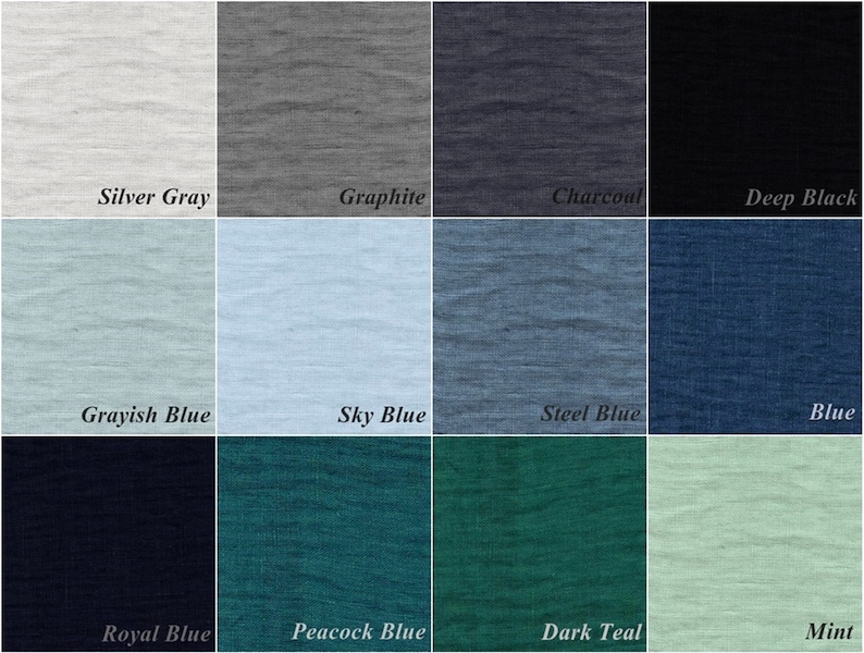 May include: A color chart showing 12 different fabric swatches. The swatches are arranged in a grid of four rows and three columns. The colors include silver gray, graphite, charcoal, deep black, grayish blue, sky blue, steel blue, blue, royal blue, peacock blue, dark teal, and mint.