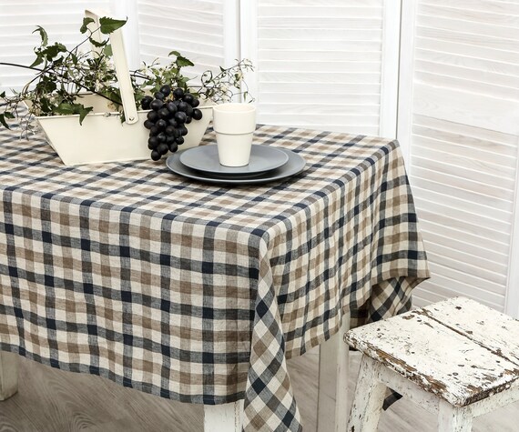 Linen tablecloth. Washed linen tablecloth. Table cloth in natural/blue checks. Handmade table linen available in 47 colors.