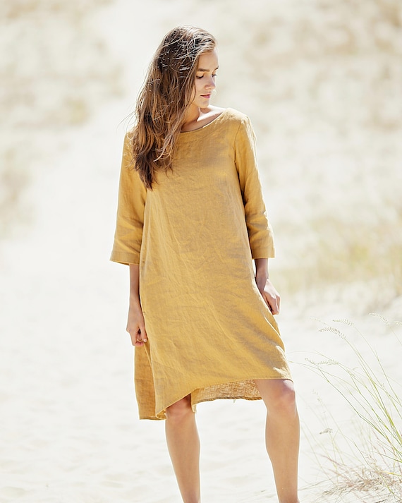 Soft linen dress. Maternity dress. Mustard dress. Fitting flare dress. Plus size dress. Smock dress. Linen tunic. Linen dresses for women.