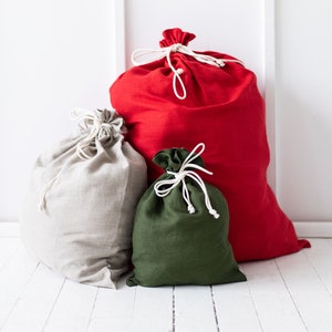 Christmas red linen gift bag, Christmas bag with drawstring, Christmas treats bag, Ready to ship. image 2