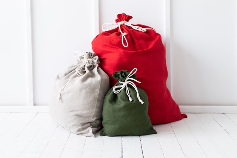 Christmas red linen gift bag, Christmas bag with drawstring, Christmas treats bag, Ready to ship. image 2