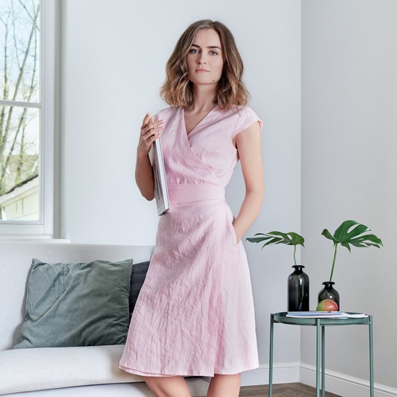 Linen dress. Wrap dress. Pink summer dress. Short sleeves midi dress with belt. Elegant wrap dress. Washed linen. Available in 47 colors