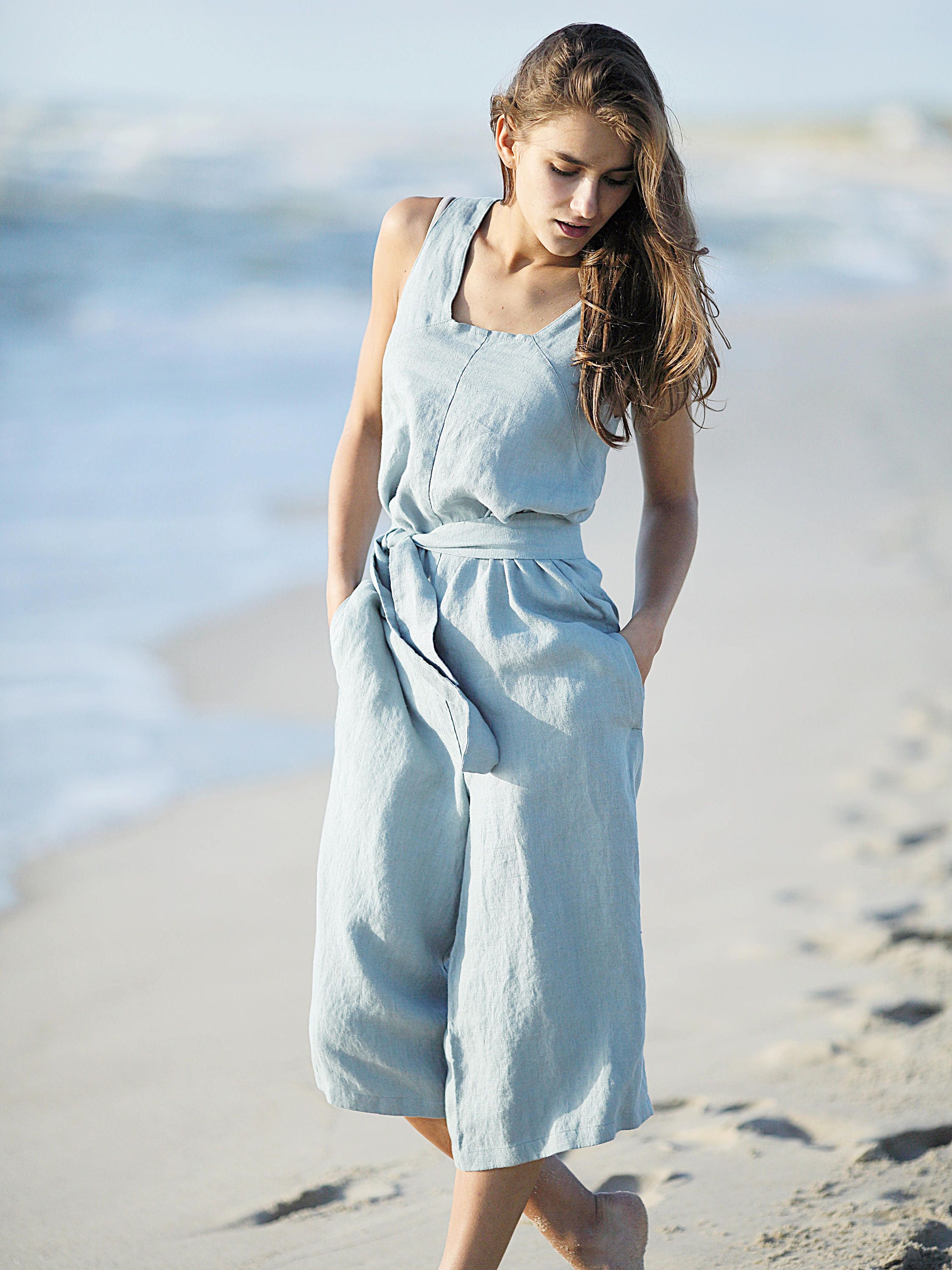 Linen jumpsuit. Linen organic sleeveless summer cloth. Wide leg pants ...