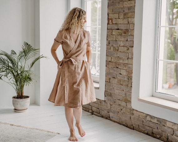 Linen wrap dress CAMILA. Soft linen wrap dress with short sleeves. Dusty Peach color midi dress. Leisure dress. Party dress. Flax dress.