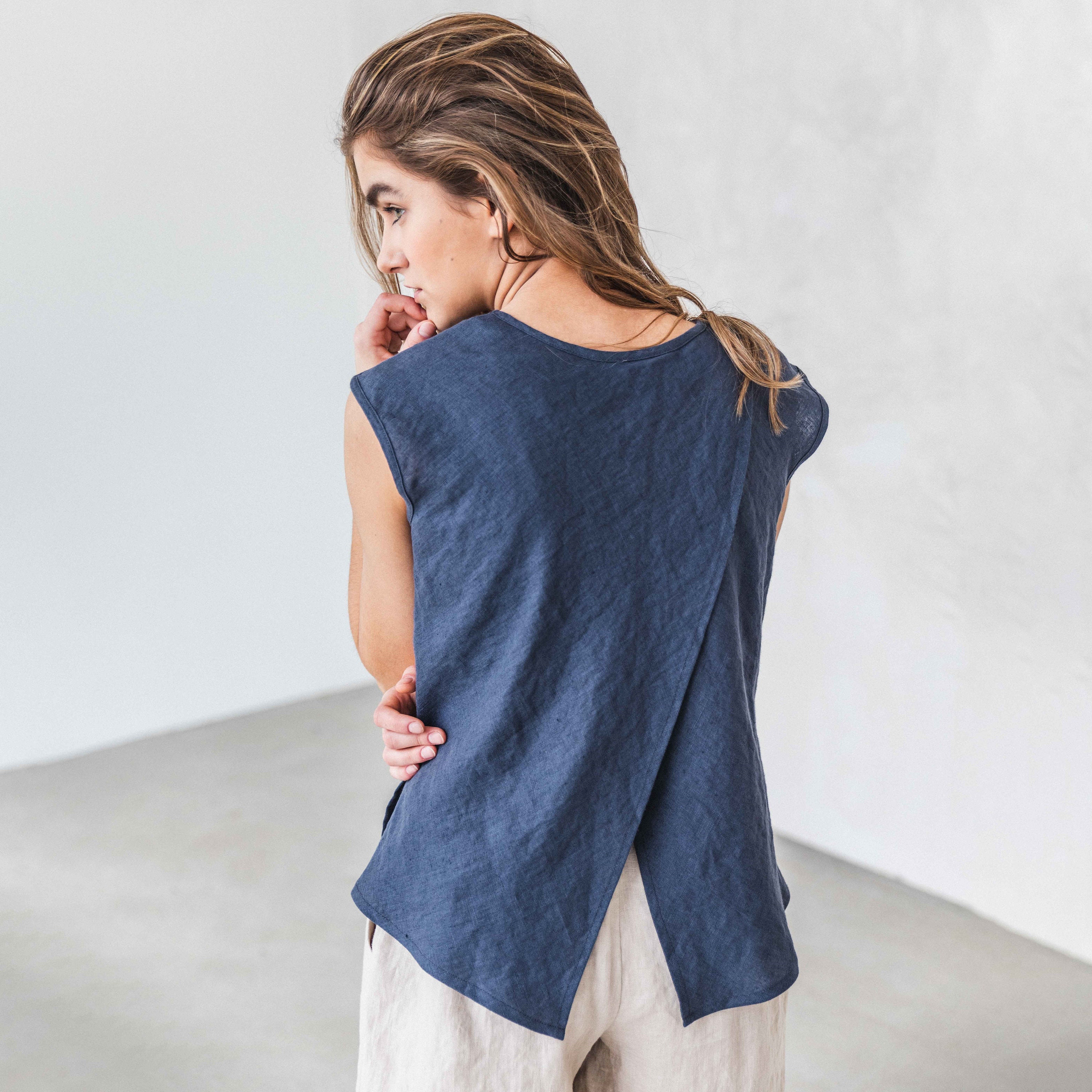 Linen tank top NORA. Sleeveless shirt with split back. Round neck ...