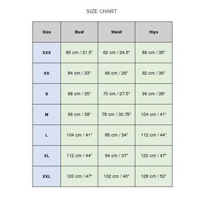 May include: Size chart for clothing with measurements in inches and centimeters. The chart shows sizes XXS through XXL with corresponding bust, waist, and hip measurements.