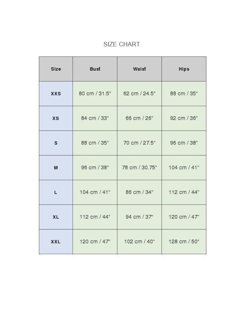 May include: Size chart for clothing with measurements in inches and centimeters. The chart shows sizes XXS through XXL with corresponding bust, waist, and hip measurements.