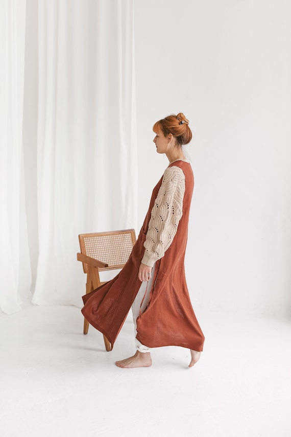 Extra Long Apron in Burnt Orange Color. Smock apron. Linen Apron Dress. Full apron. Barber apron. Linen wrap dress.Work apron Linen smock