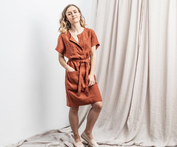 Linen dress / Oversize linen tunic dress with split neck and front pockets in burnt Orange color / available in 47 colors