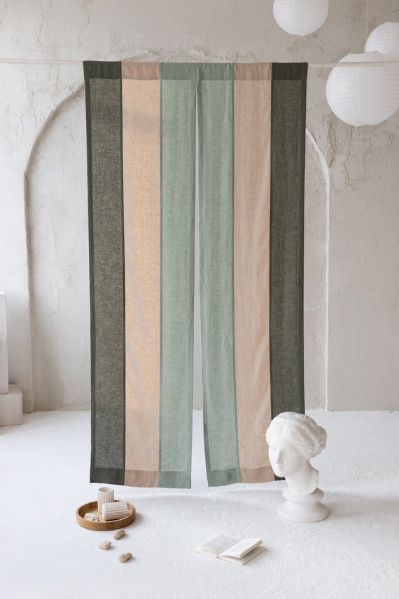 Japanese Door Color Block Curtains. Natural Linen Noren. Medium Weight Linen Olive Green, Oatmeal, Dusty Mint colors.