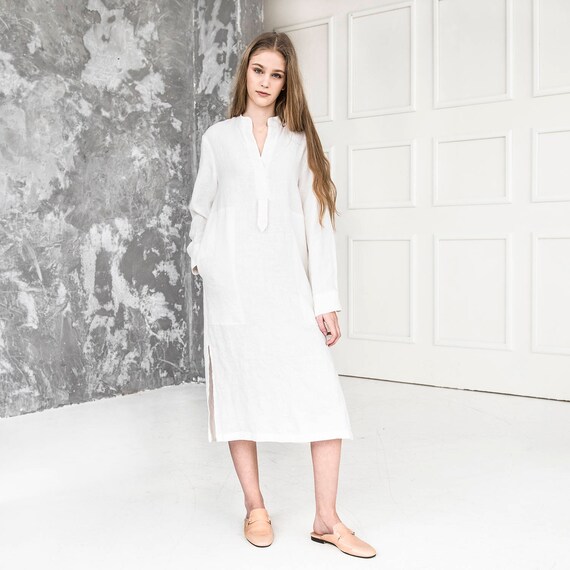 Long linen shirt. Linen dress. Linen shirt dress. Long sleeve kaftan. White linen shirt. Medieval shirt. Loose linen clothes.