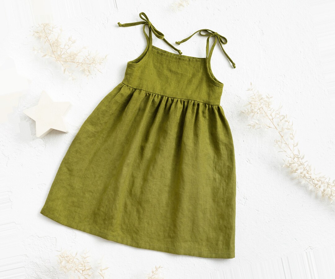 Girls Linen Strap Dress in Moss Green. Linen Dress With Ties