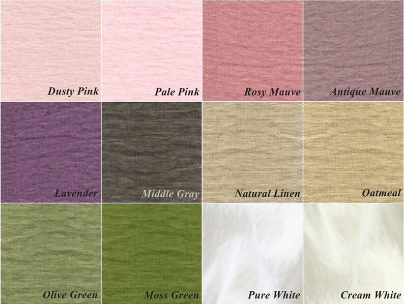 May include: A color palette of fabric swatches in various shades. Colors include Dusty Pink, Pale Pink, Rosy Mauve, Antique Mauve, Lavender, Middle Gray, Natural Linen, Oatmeal, Olive Green, Moss Green, Pure White, and Cream White.