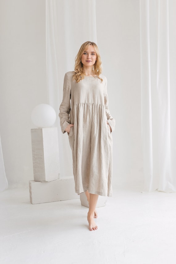 Linen dress STELLA with long sleeves. Linen loose dress with round neck. Maternity friendly clothing. Linen ruffled Casual dress.