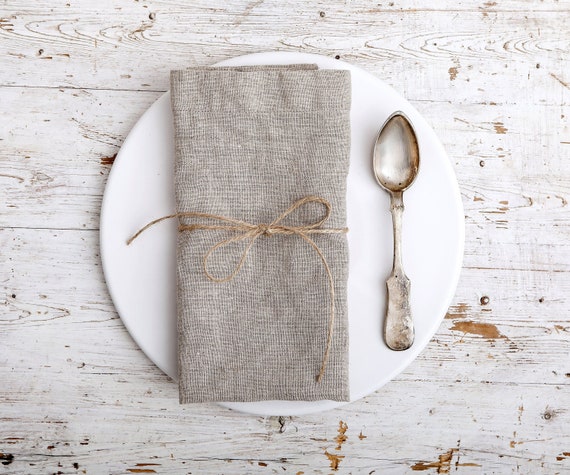 Linen napkins with mitered corners in natural linen color. Set of 2/3/4 washed square 15"  soft linen napkins available in 47 colors.