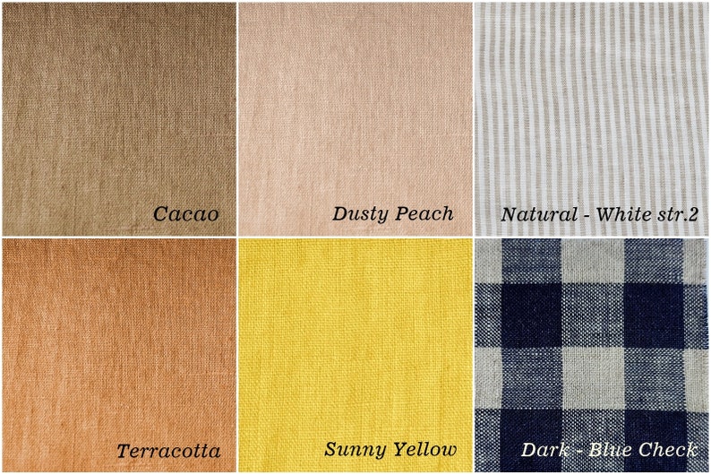 Puede incluir: Un collage de muestras de tela de lino en varios colores. Los colores incluyen Cacao, Dusty Peach, Natural con rayas blancas, Terracota, Sunny Yellow y Dark Blue Check. Cada muestra est&aacute; etiquetada con su nombre de color.