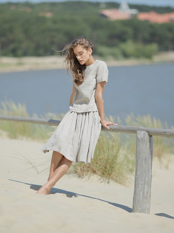 Linen set. Tank top and A line skirt.  Linen suite. Summer blouse and midi skirt. Linen clothing. Linen shirt. Linen skirt. Flax clothing.