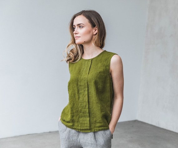 HOLIDAY LINEN TOPS リネントップス　グリーン　ブラウス リネン ノースリーブ ブラウス レディース フレンチスリーブ 薄手 夏